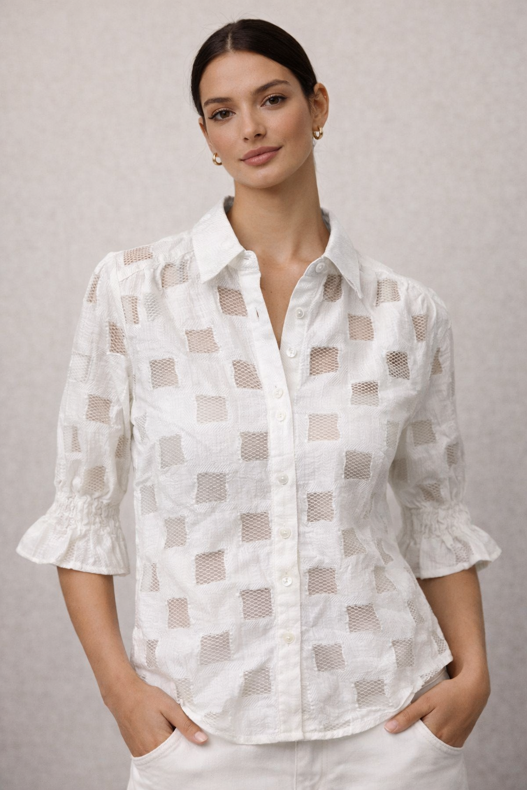 White Multi Texture Button Front Top