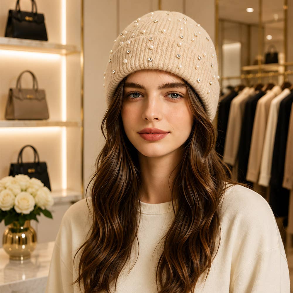 Rhinestone Pearl & Crystal Cuffed Beanie