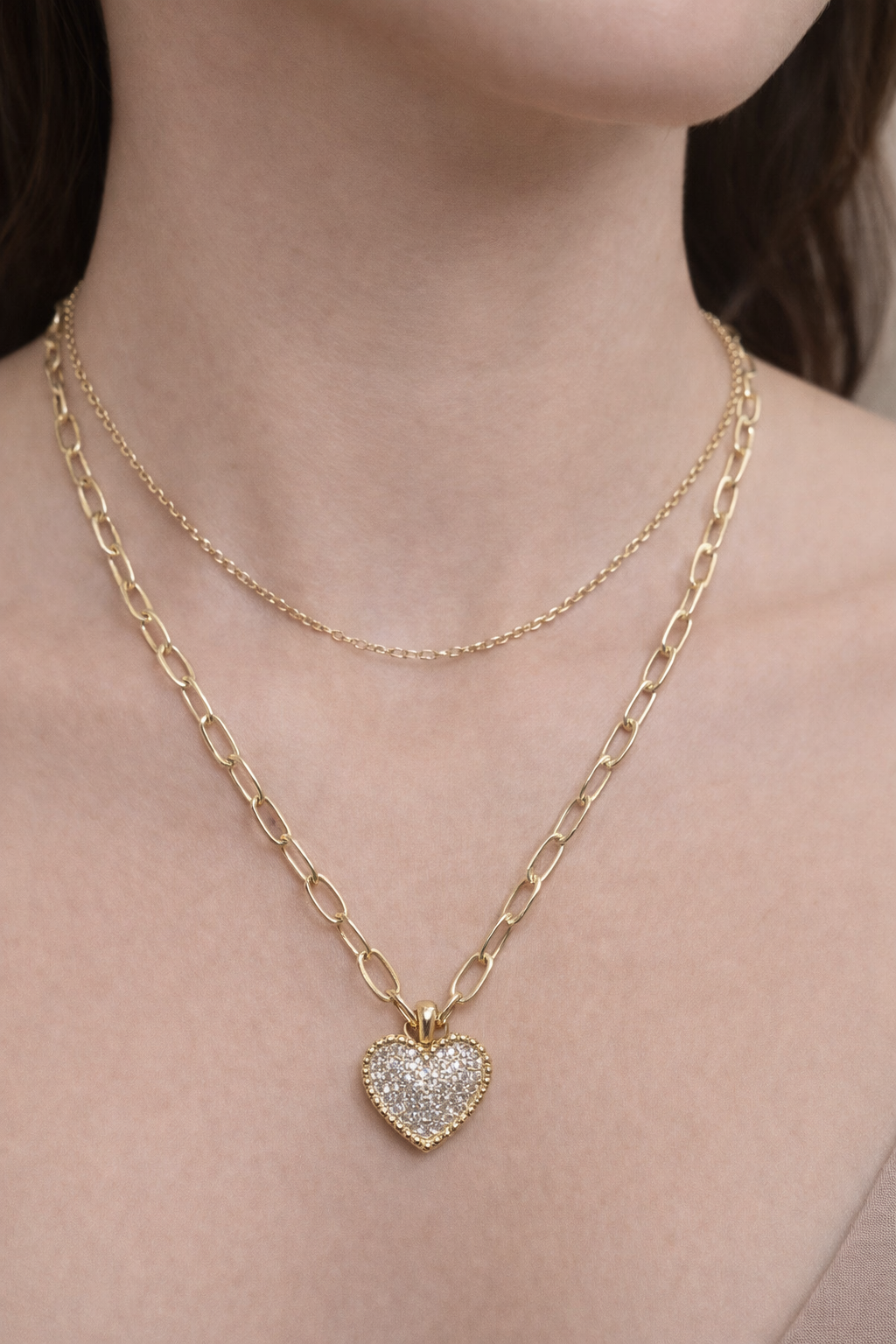 Crystal Heart Gold Dipped Double Chain Necklace