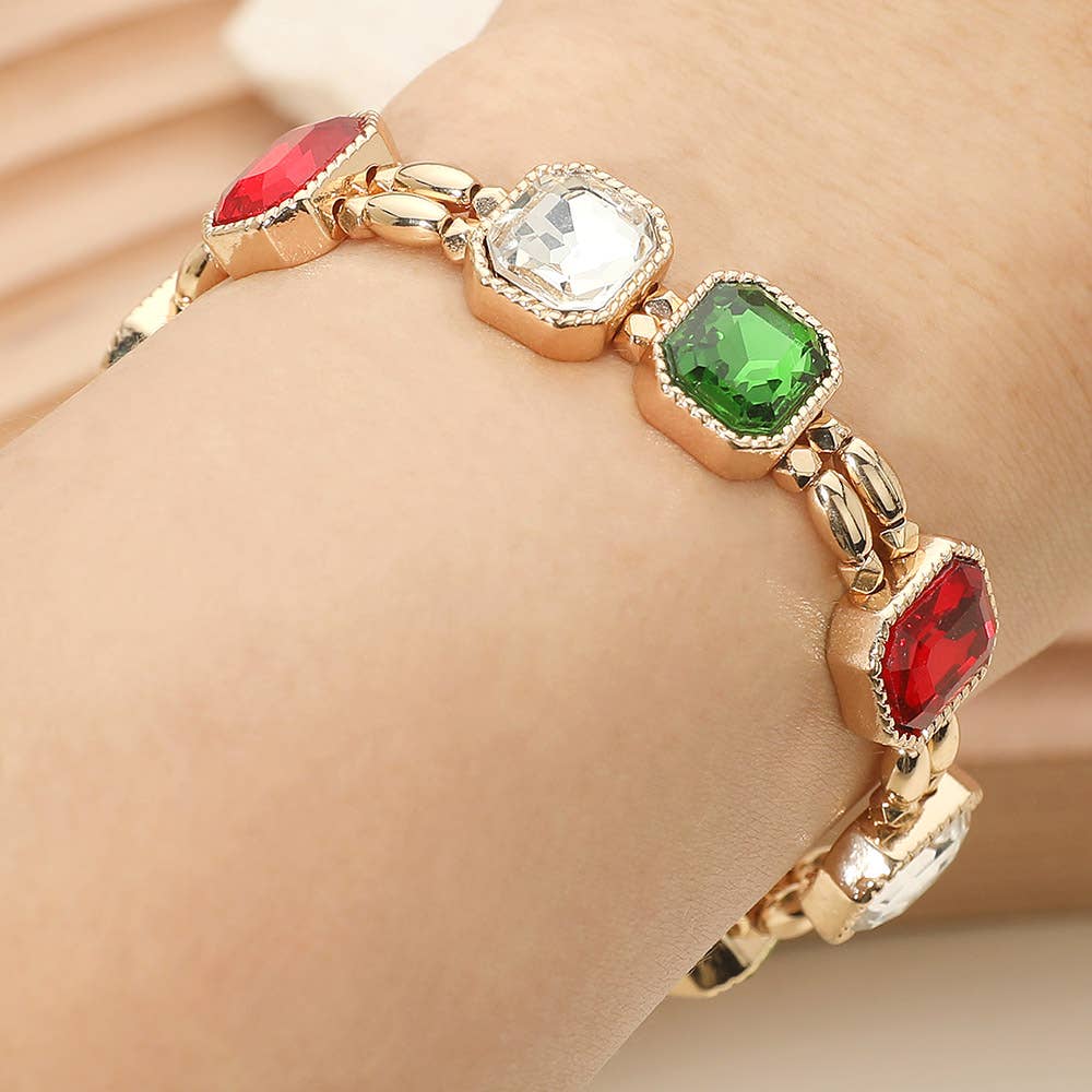 Emerald Cut Stone Cluster Beaded Stretch Bracelet