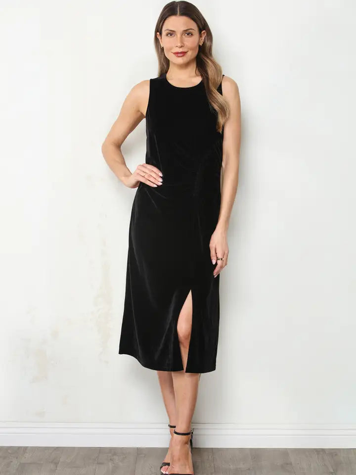 Black Velvet Side-Cinch Midi Dress