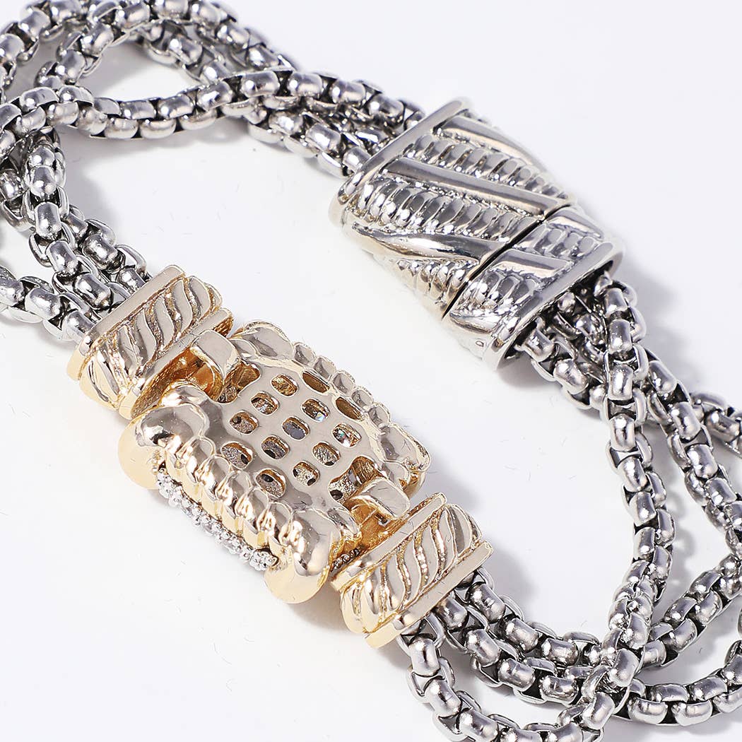 CZ Bar Charm 3 Layered Box Chain Bracelet