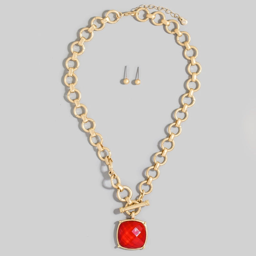 Large Square Red Faceted Stone Pendant Toggle Chain Necklace
