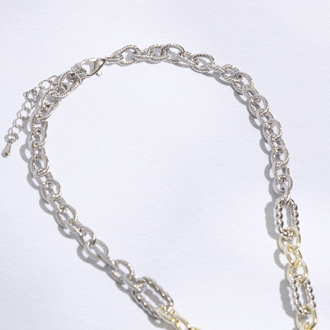 Linked Solid and Twisted Chain CZ Lock Necklace