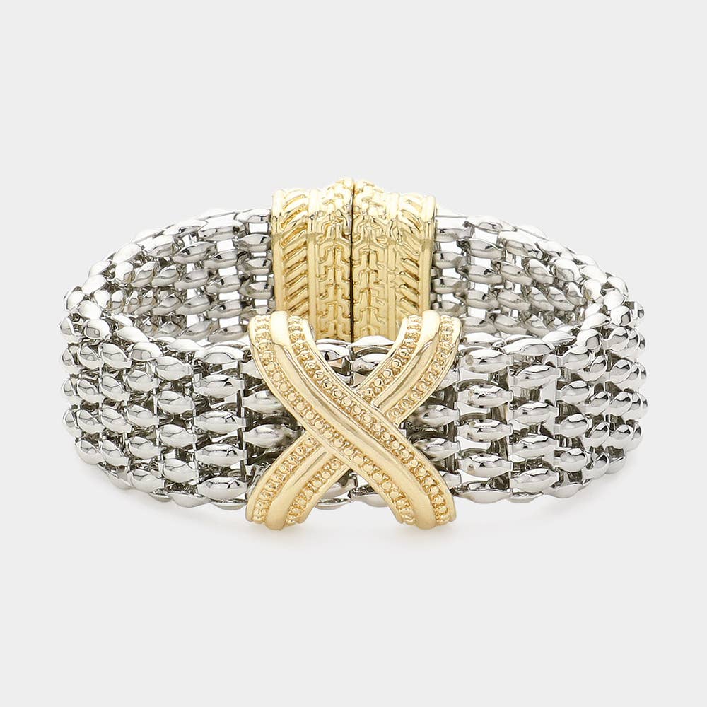14K Gold Plated Two Tone Crisscross Mesh Magnetic Bracelet