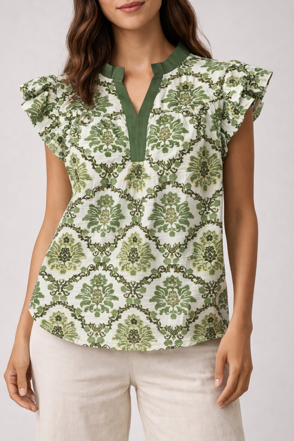 Green Ruffle Sleeve Floral Vneck Top