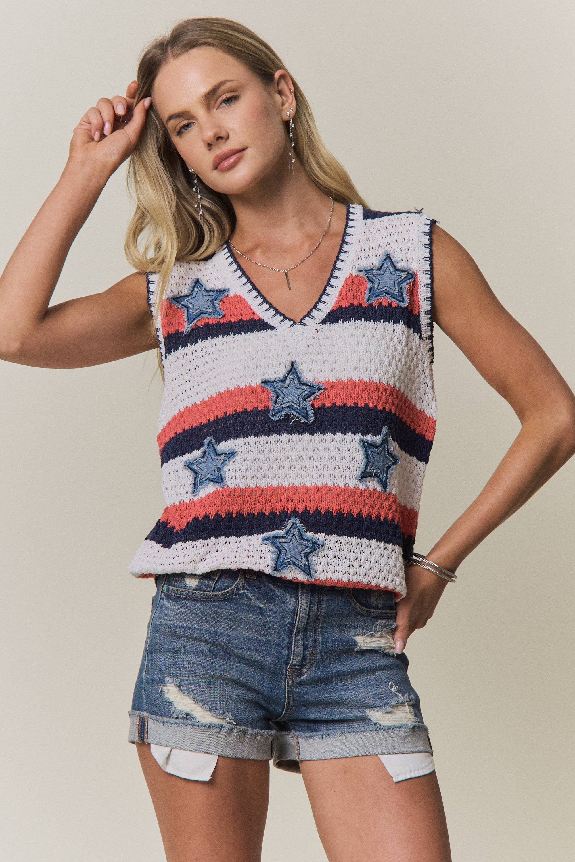 Striped Star Knit Sleeveless Sweater