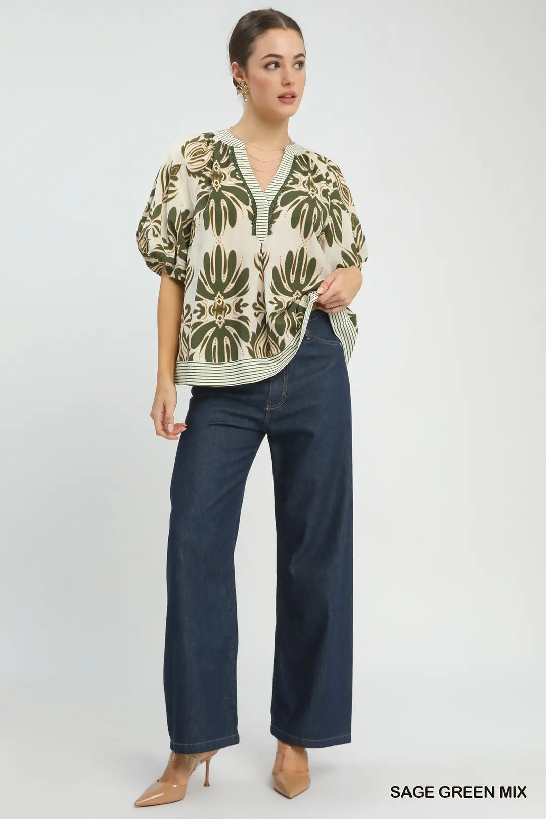 Sage Green Mix Puff Sleeve Top