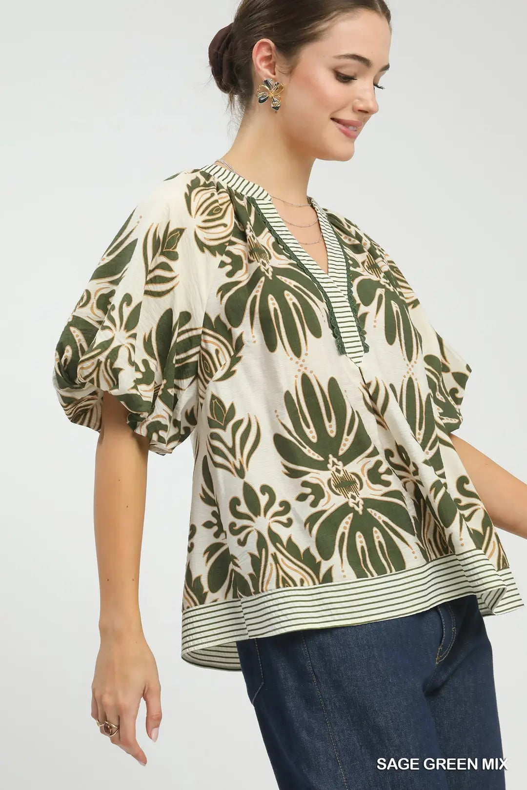 Sage Green Mix Puff Sleeve Top