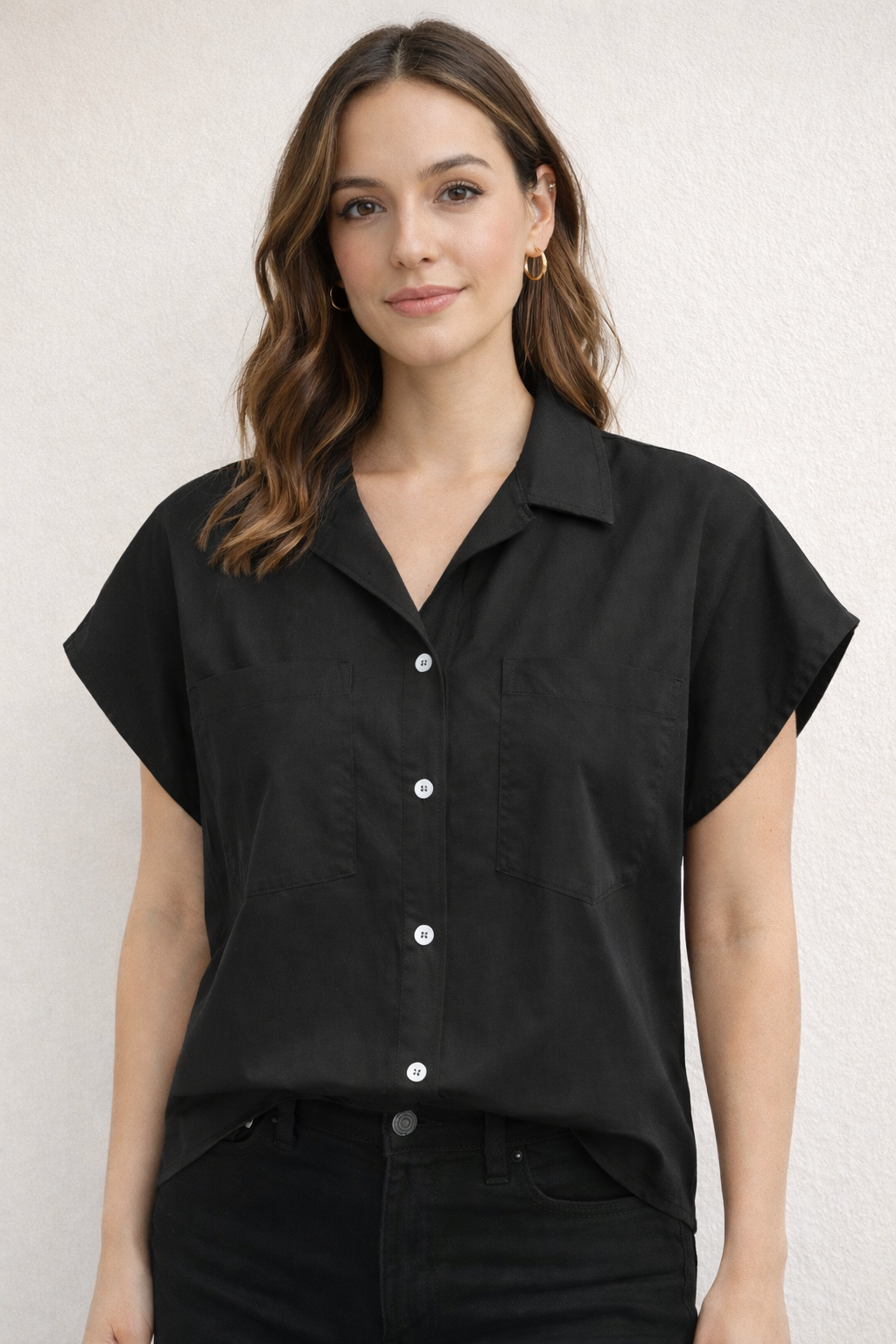Black Short Sleeve Button Up Top