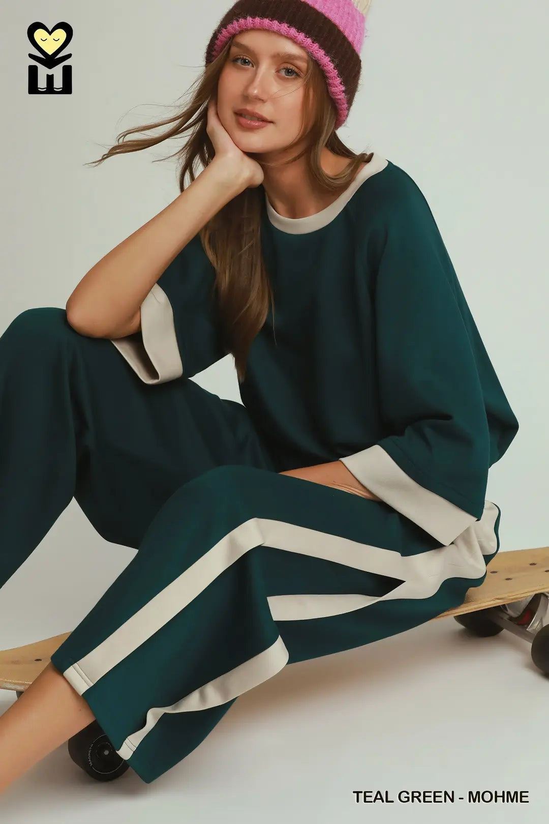 Teal Luxeknit Color Block Side Stripe Pants Set