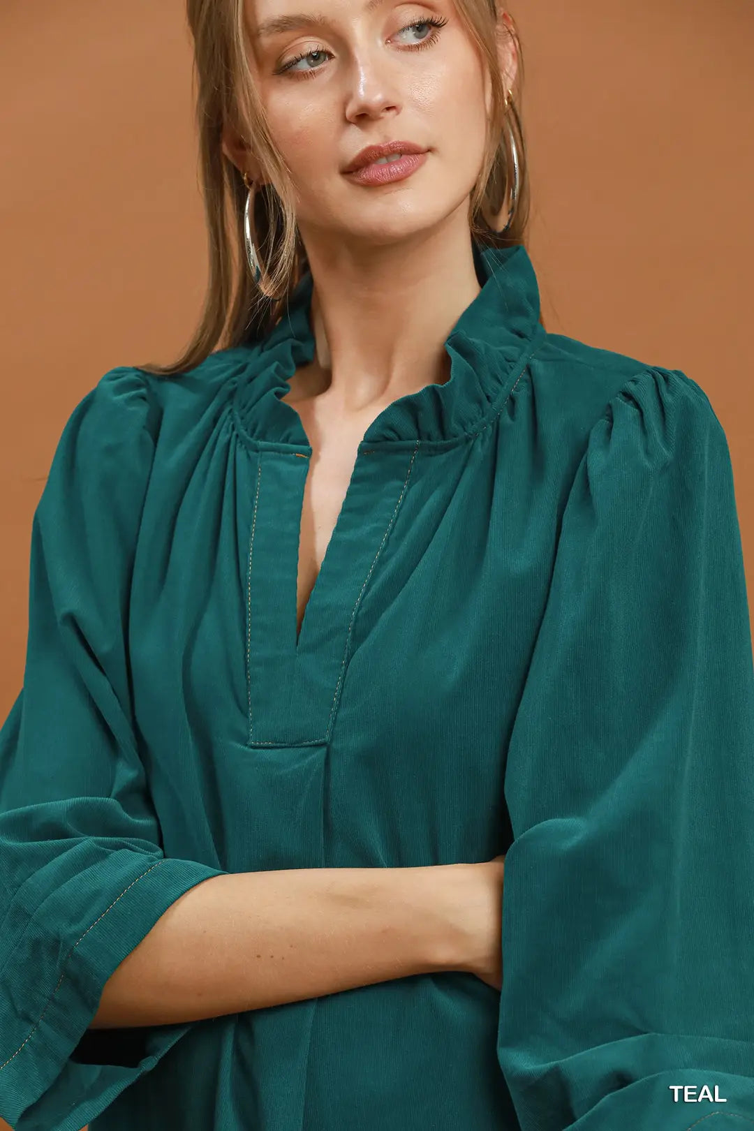 Teal Corduroy Ruffle Neck Dress