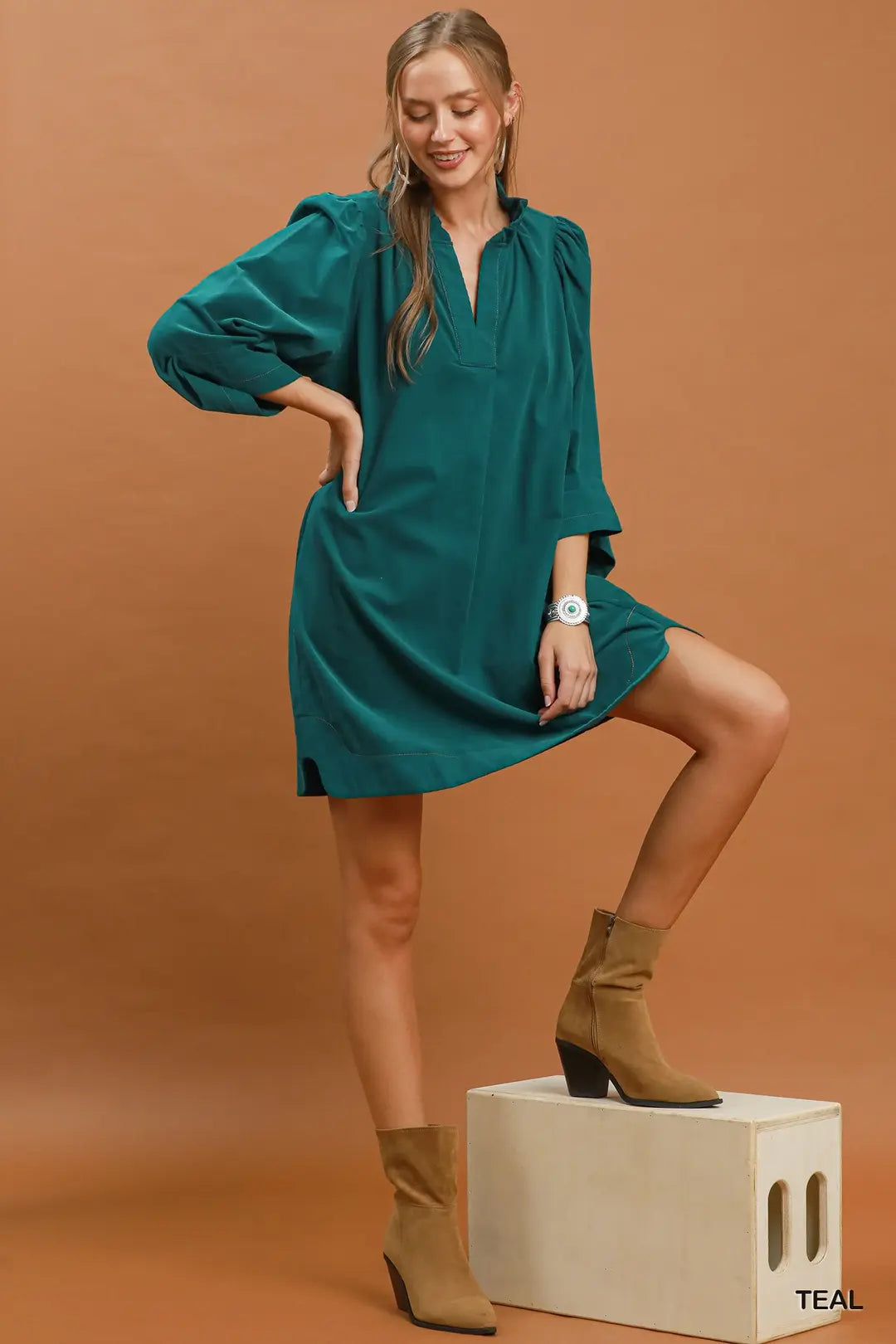 Teal Corduroy Ruffle Neck Dress