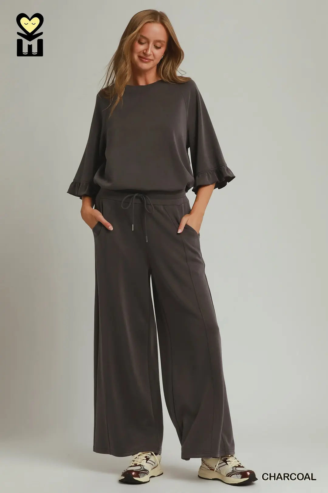 Charcoal Spaceknit Wide Leg Pants Set