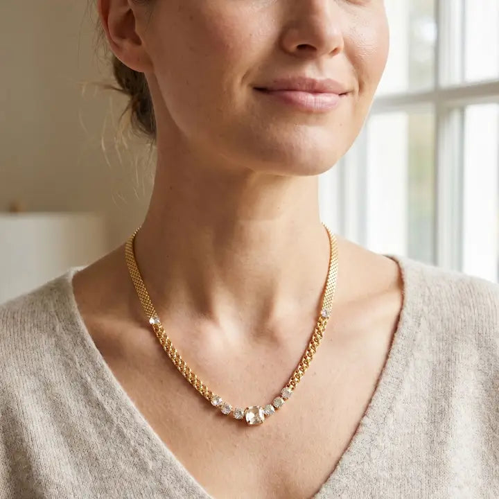 Sorrelli Kimber Tennis Necklace Round Crystals & Square - Crystal