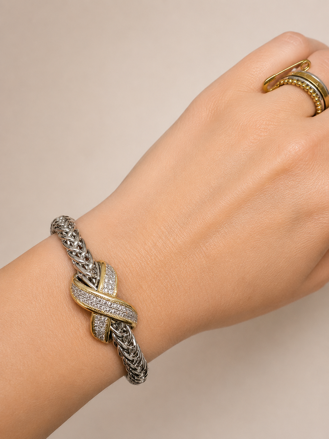 Two Tone Pave X Cuff Bracelet