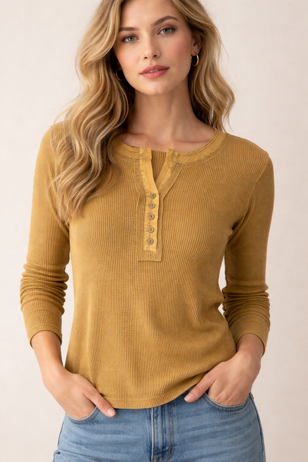 Mineral Washed Henley Thermal Top - Coffee
