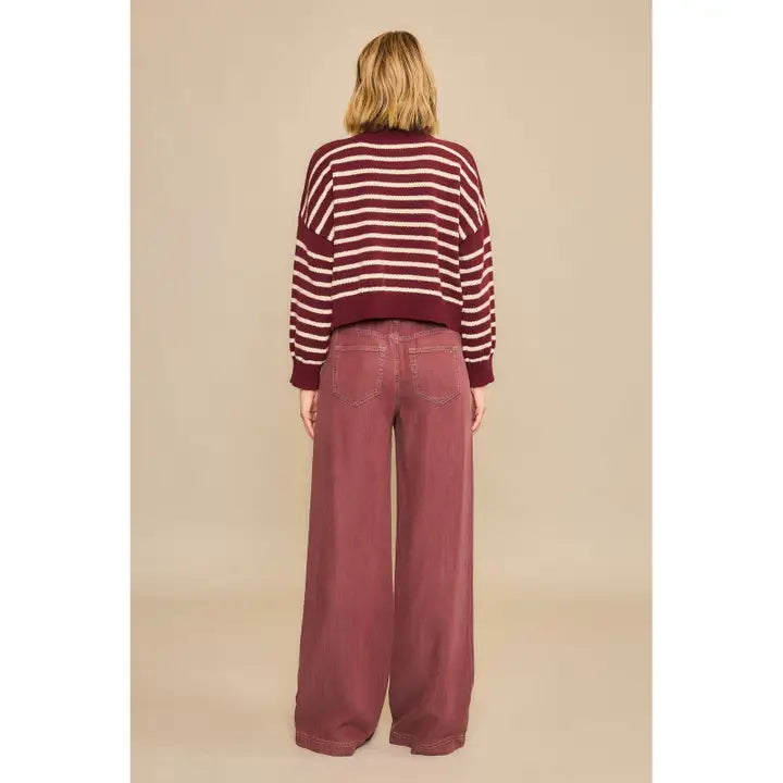 Burgundy Horizontal Stripe Knit Cropped Pullover Sweater