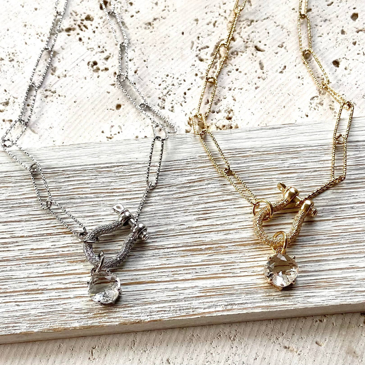 Gold Tone Diamond Cut Chain Pave Carabiner Necklace