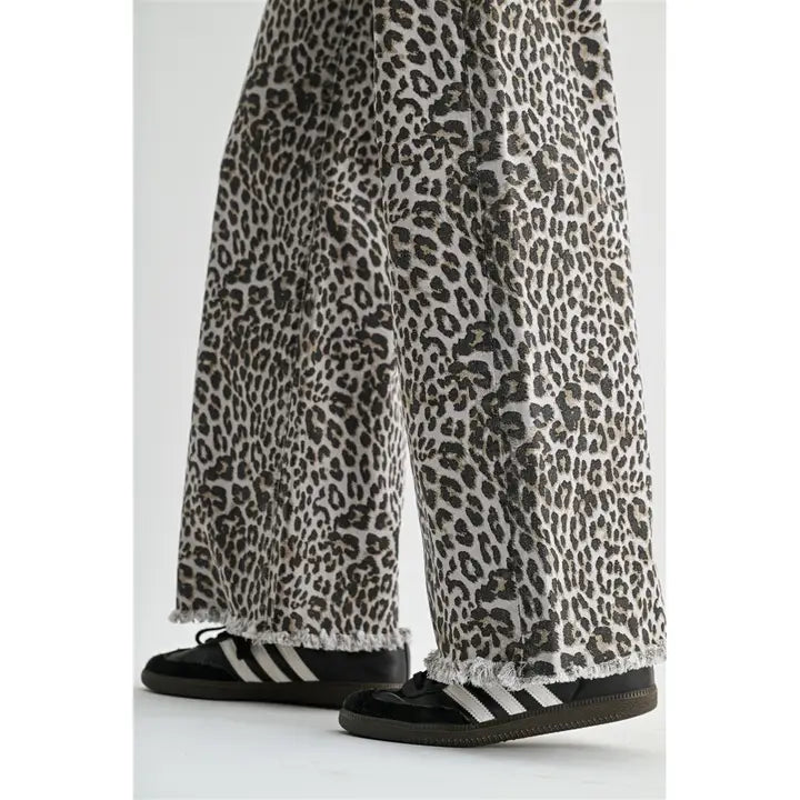 High-Rise Wide Leg Frayed Hem Leopard Jeans