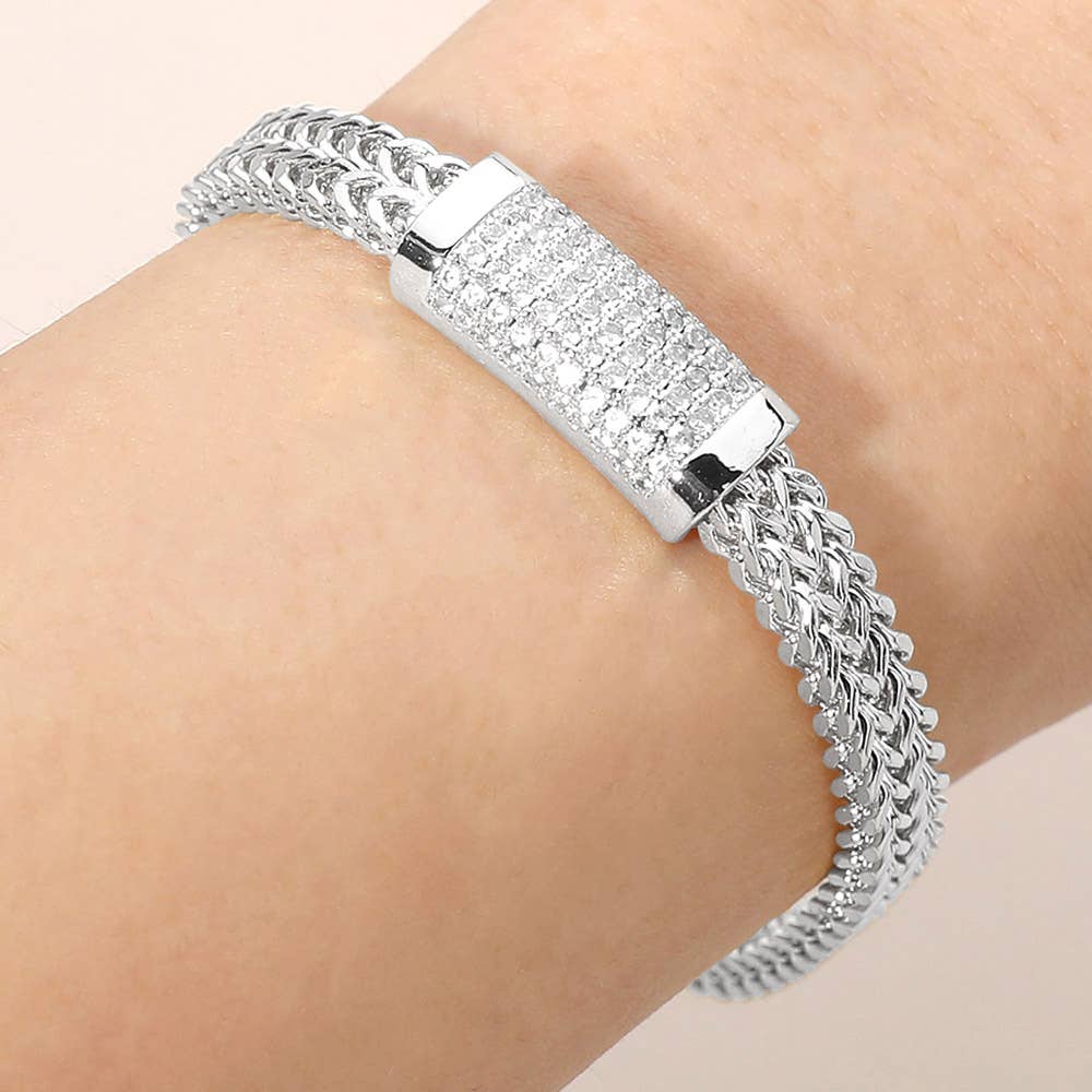CZ Pave Bar Accent Textured Mesh Chain Magnetic Bracelet