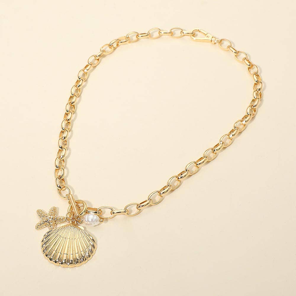 Seashell Starfish Pearl Charm Toggle Chunky Chain Necklace