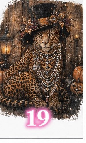 Bling tee design #19 — leopard in a flowered hat and pearl necklaces beside a lantern