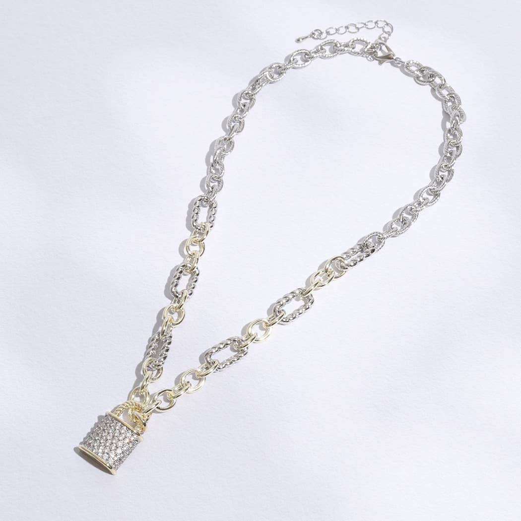 Linked Solid and Twisted Chain CZ Lock Necklace