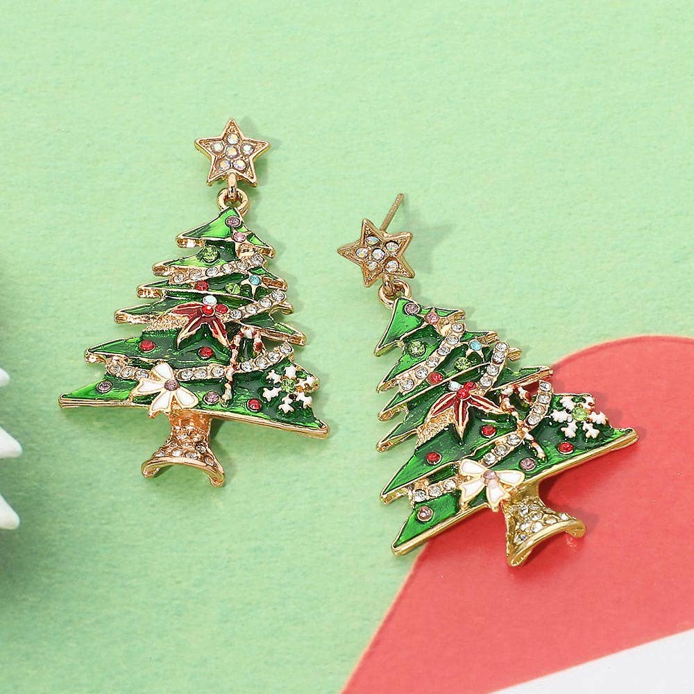 Rhinestone Embellished Christmas Tree Drop Earrings