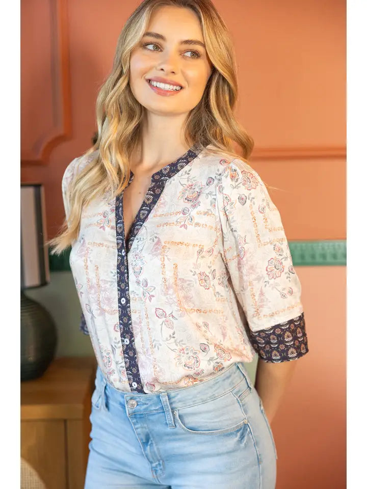 Cream Button Down V-Neck Contrast Banded Top