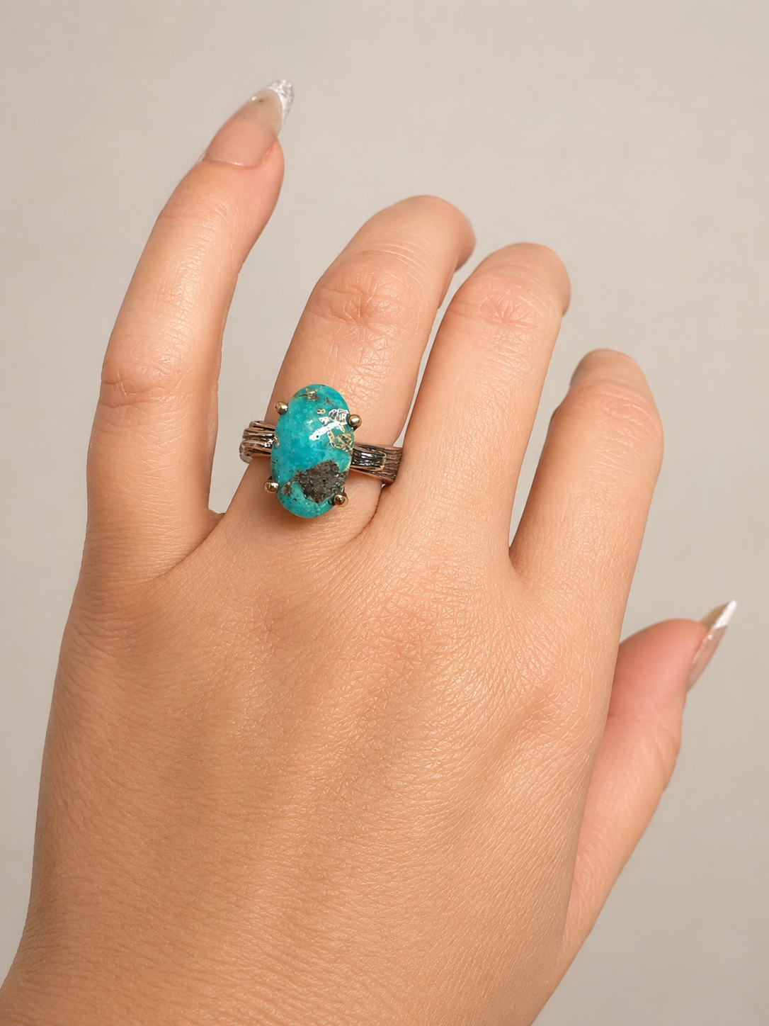 Oxidized Silver & Bronze High Set Turquoise Ring -Size 8
