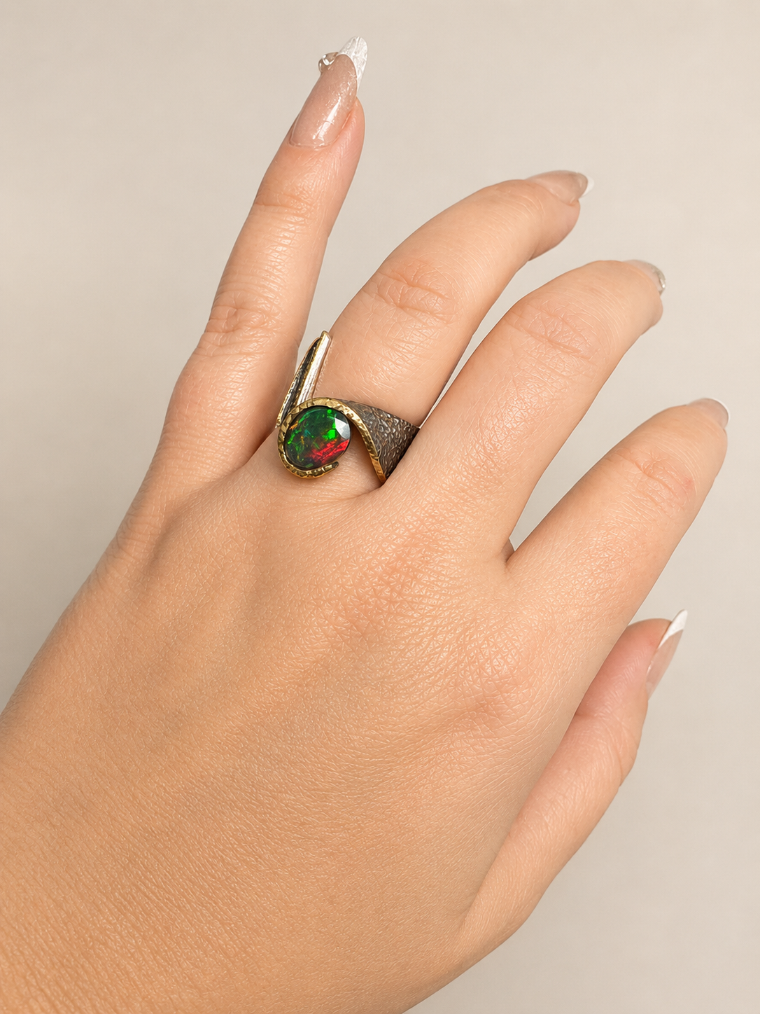 Gold & Oxidized Silver Opal Ring -Size 7.5