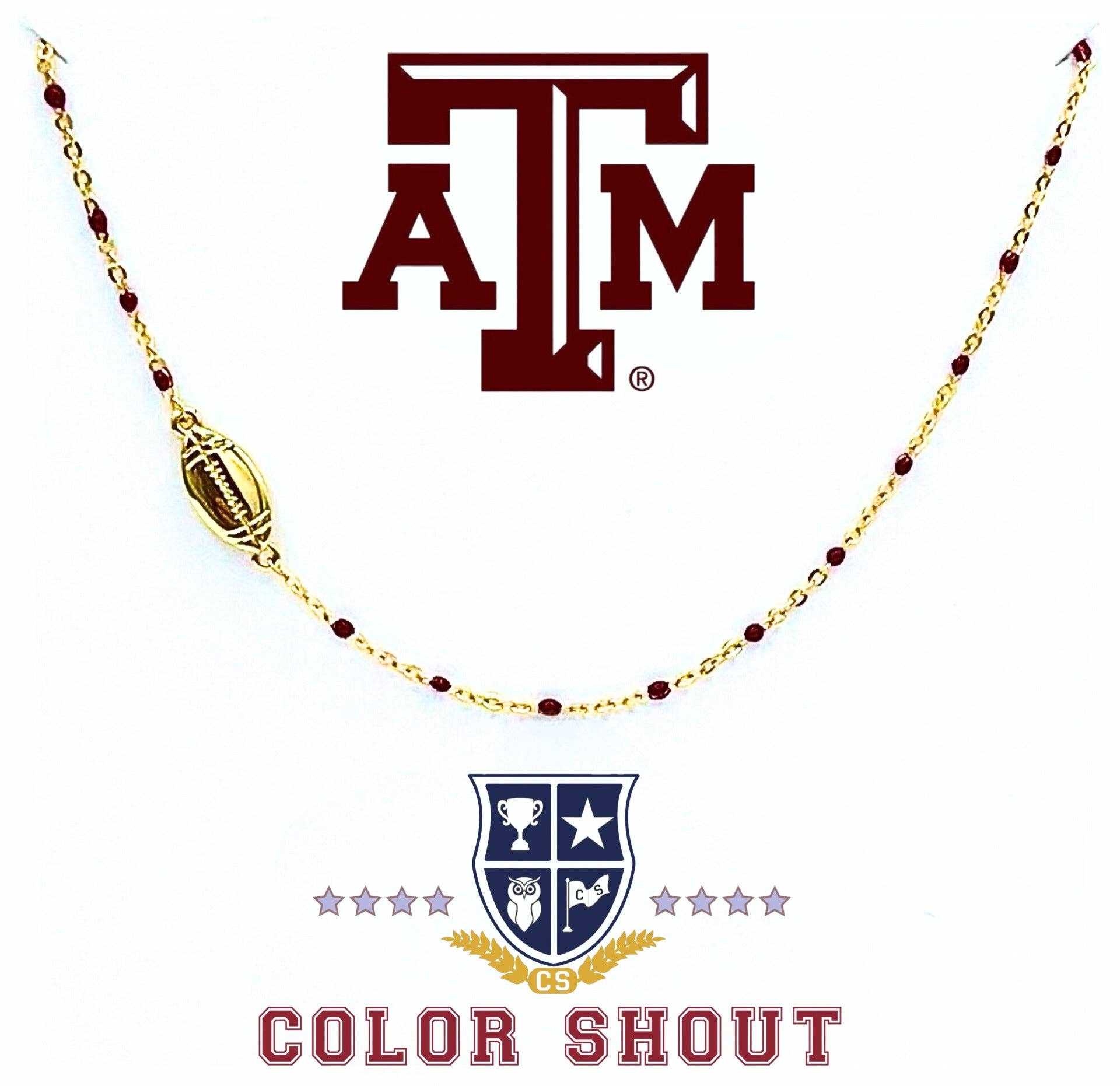 The Game Day Necklace: Side Set Football on Enamel Bead Necklace on Texas A&M Logo Card