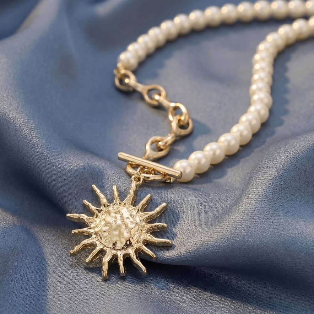 Sun Pendant Pearl And Chain Toggle Necklace