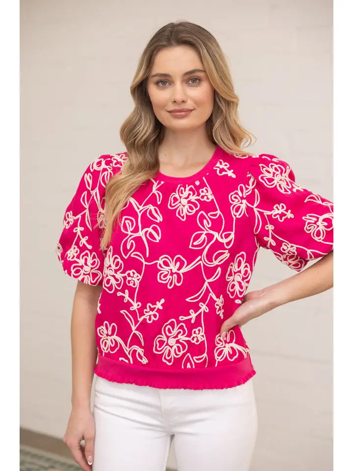 Pink Floral Embroidered Short Bubble Sleeve Top