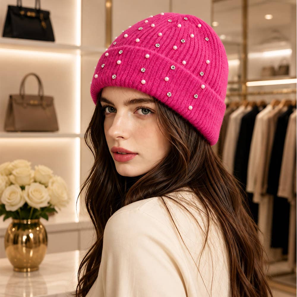 Rhinestone Pearl & Crystal Cuffed Beanie
