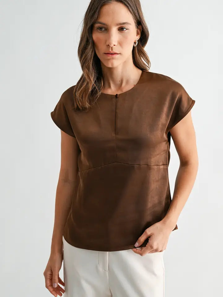 Satin Keyhole Front Wide Shoulder Top