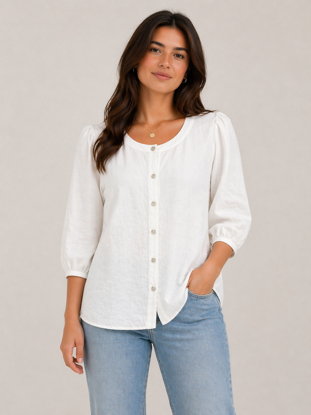 John Mark White Button Front Puff Sleeve Blouse