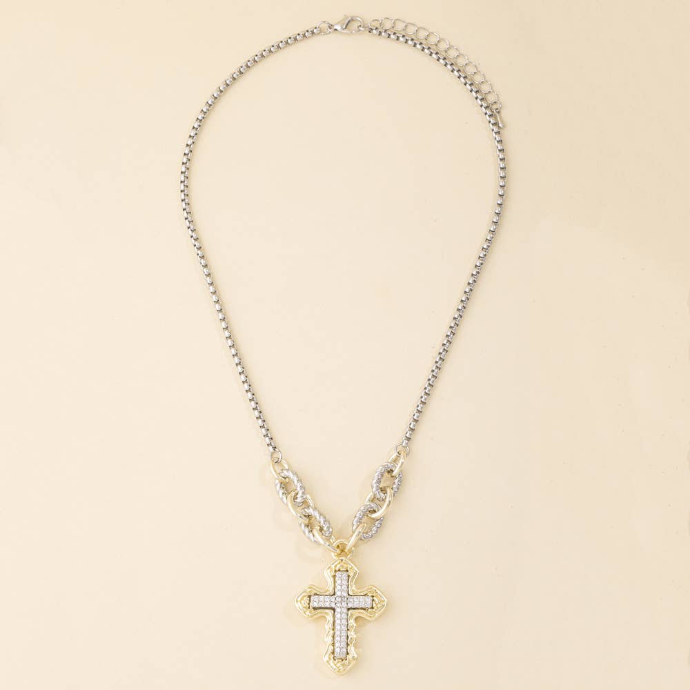 Two Tone Cross Pendant Necklace With Cz Pave