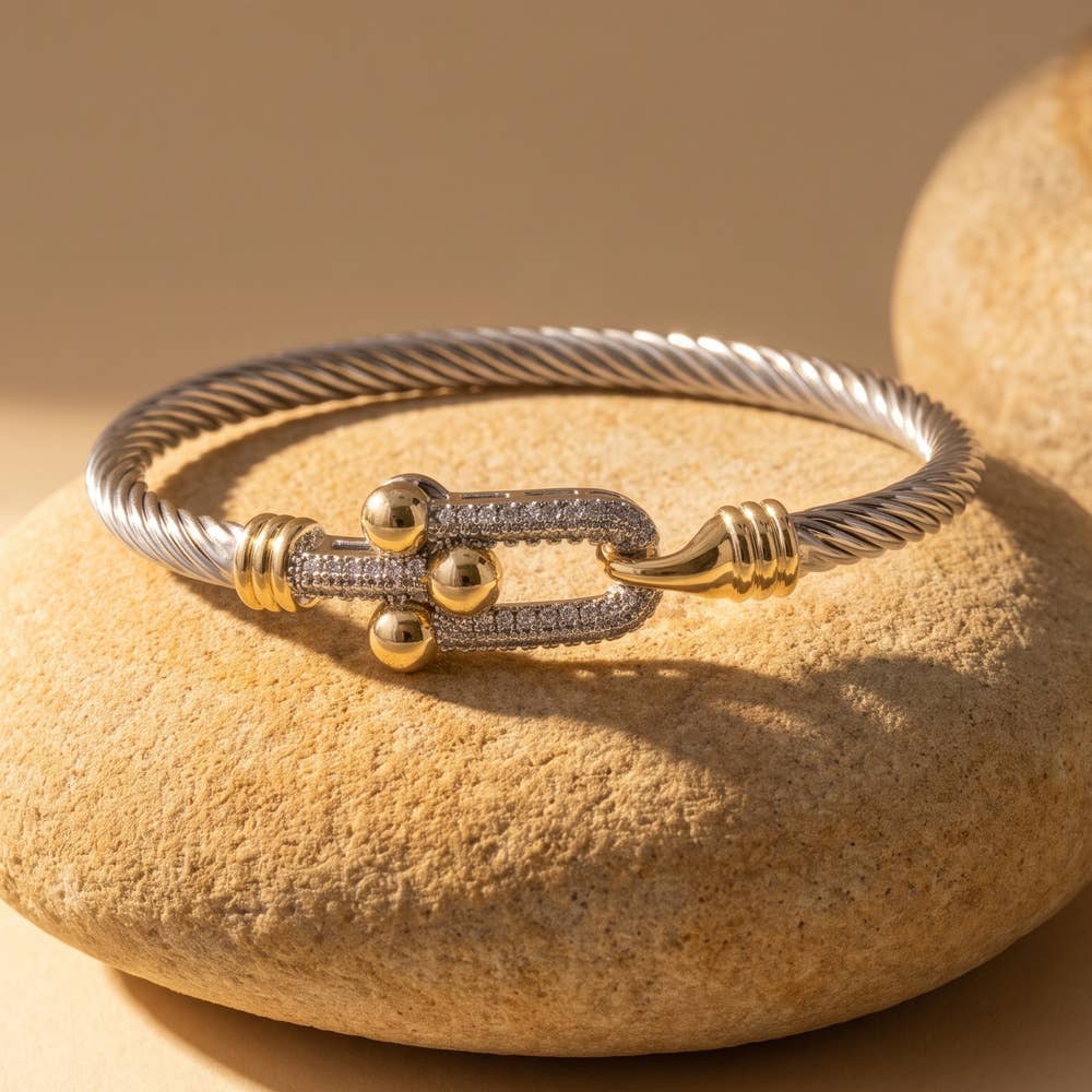 Two Tone Cable Cuff Bracelet With Cz Buckle
