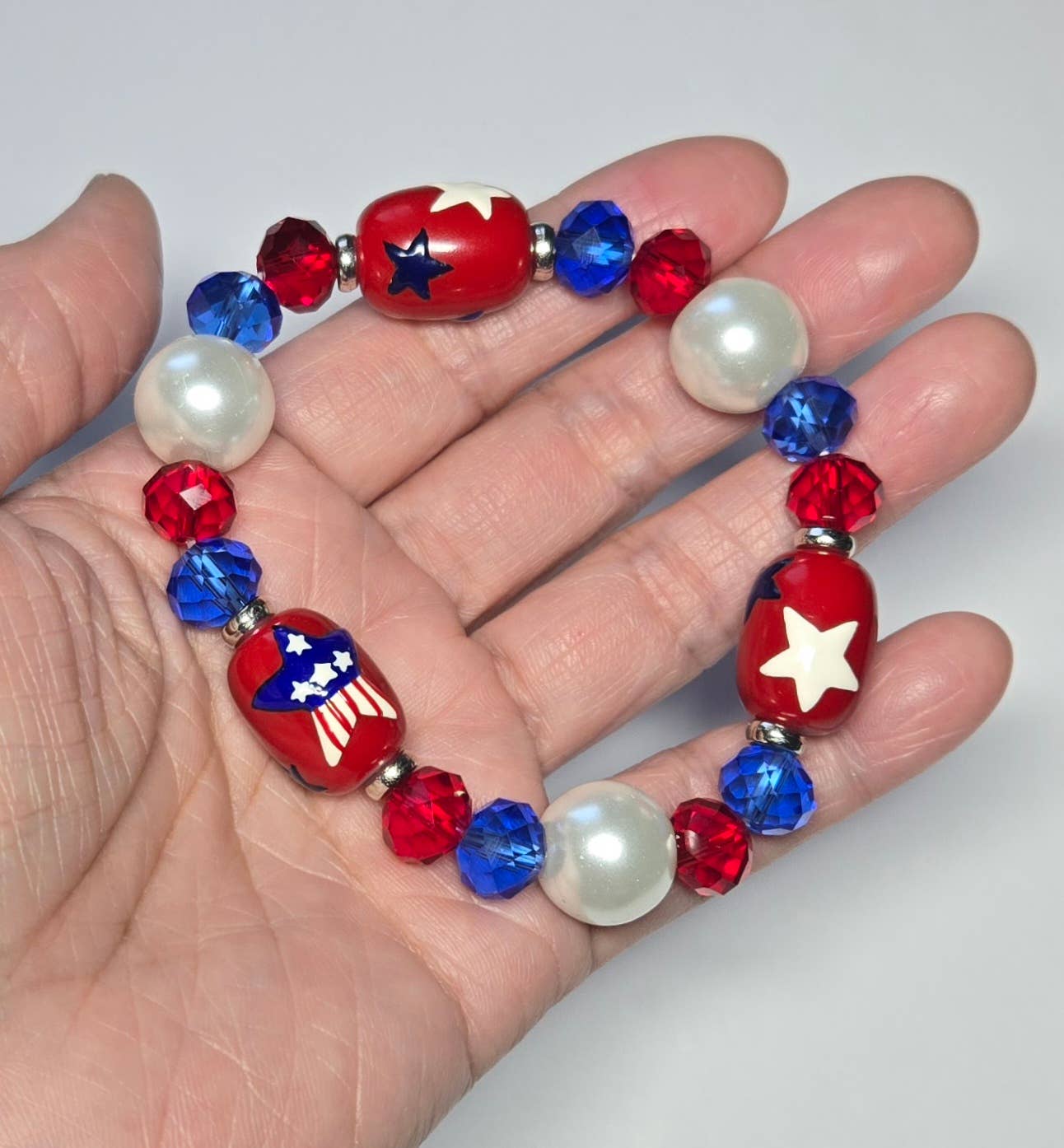 July 4th Star Red White Blue Beaded Stretch Bracelet