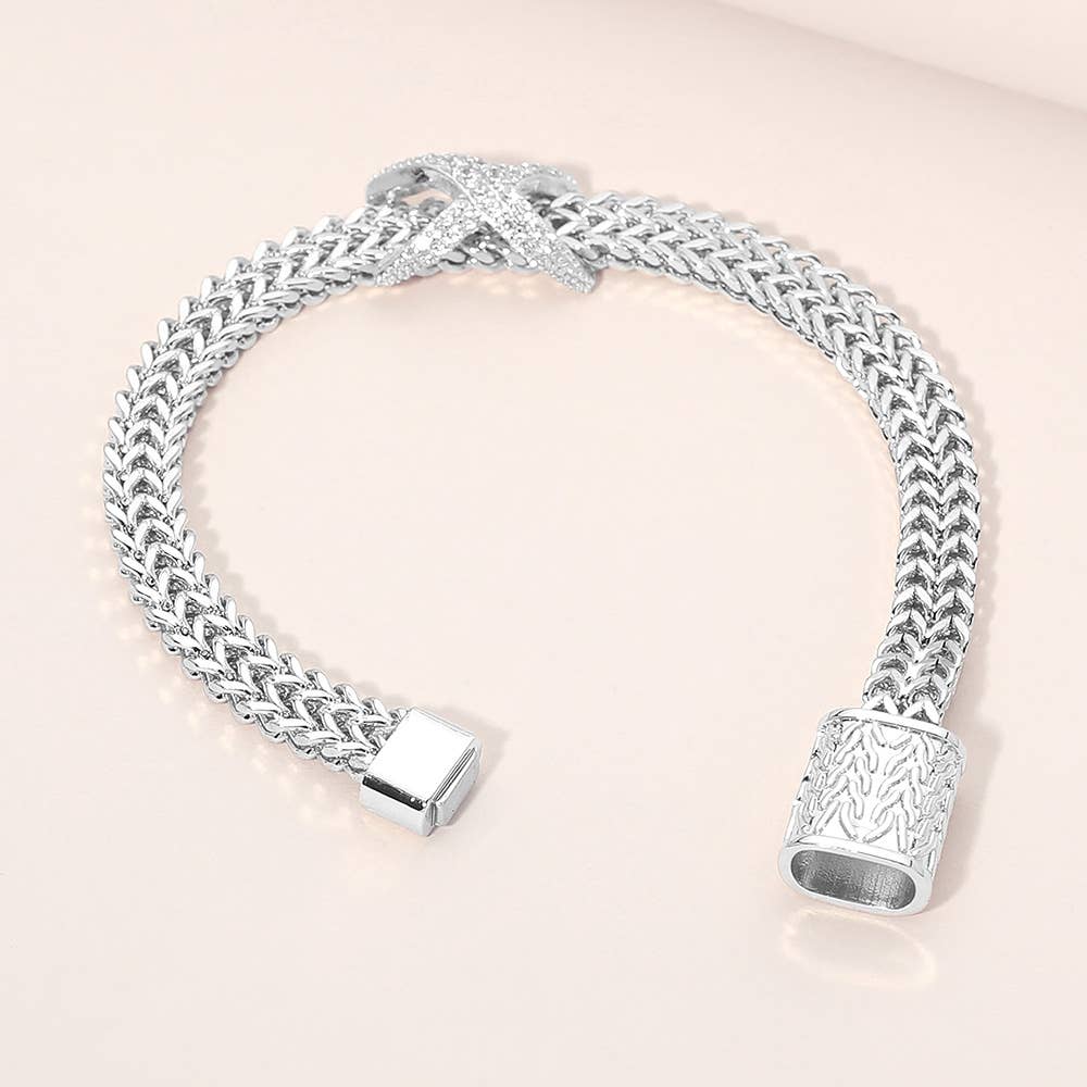 CZ Pave Crisscross Charm Accent Textured Mesh Chain Magnetic Bracelet