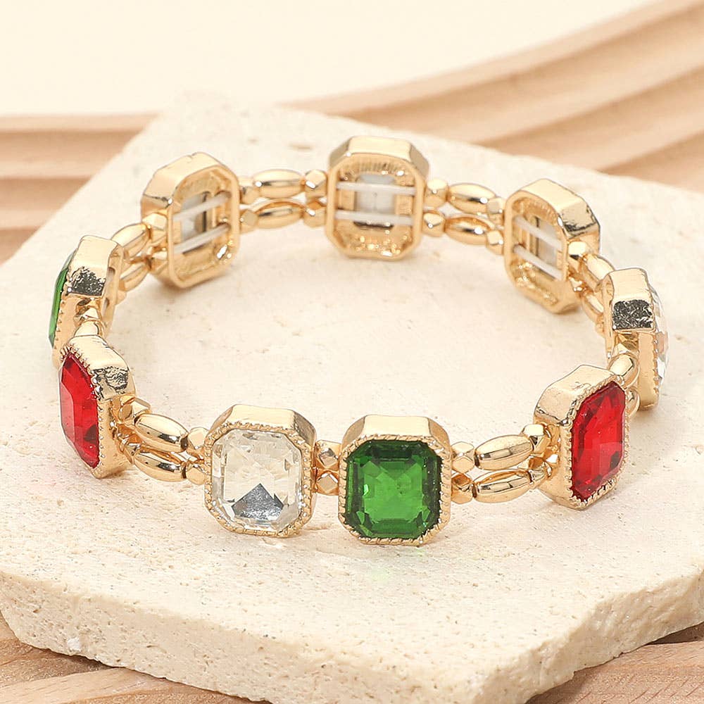 Emerald Cut Stone Cluster Beaded Stretch Bracelet