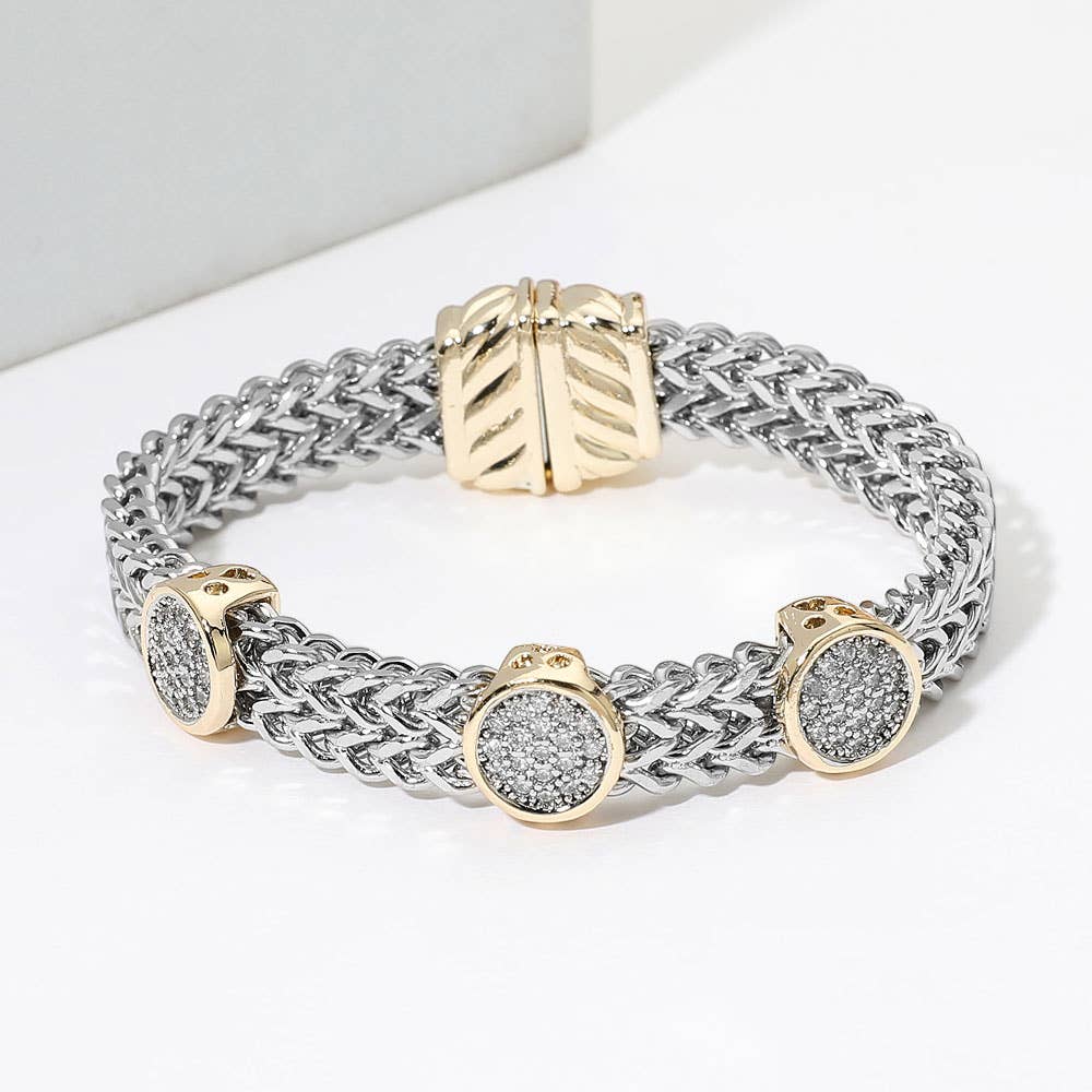 14K Gold Plated Two Tone CZ Pave Oval Accent Woven Band Magnetic Bracelet