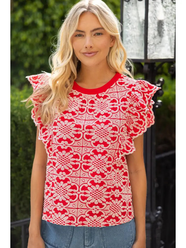 Red Scallop Ruffle Detail Floral Embroidered Top
