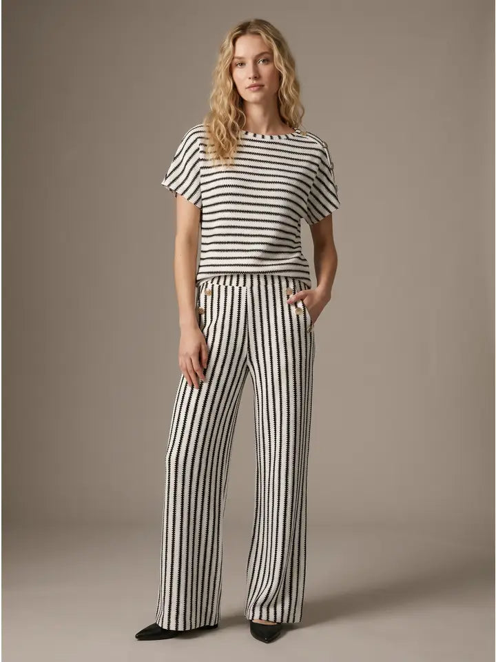 Black Striped Knit Top with Button Shoulder Detail Pants Set