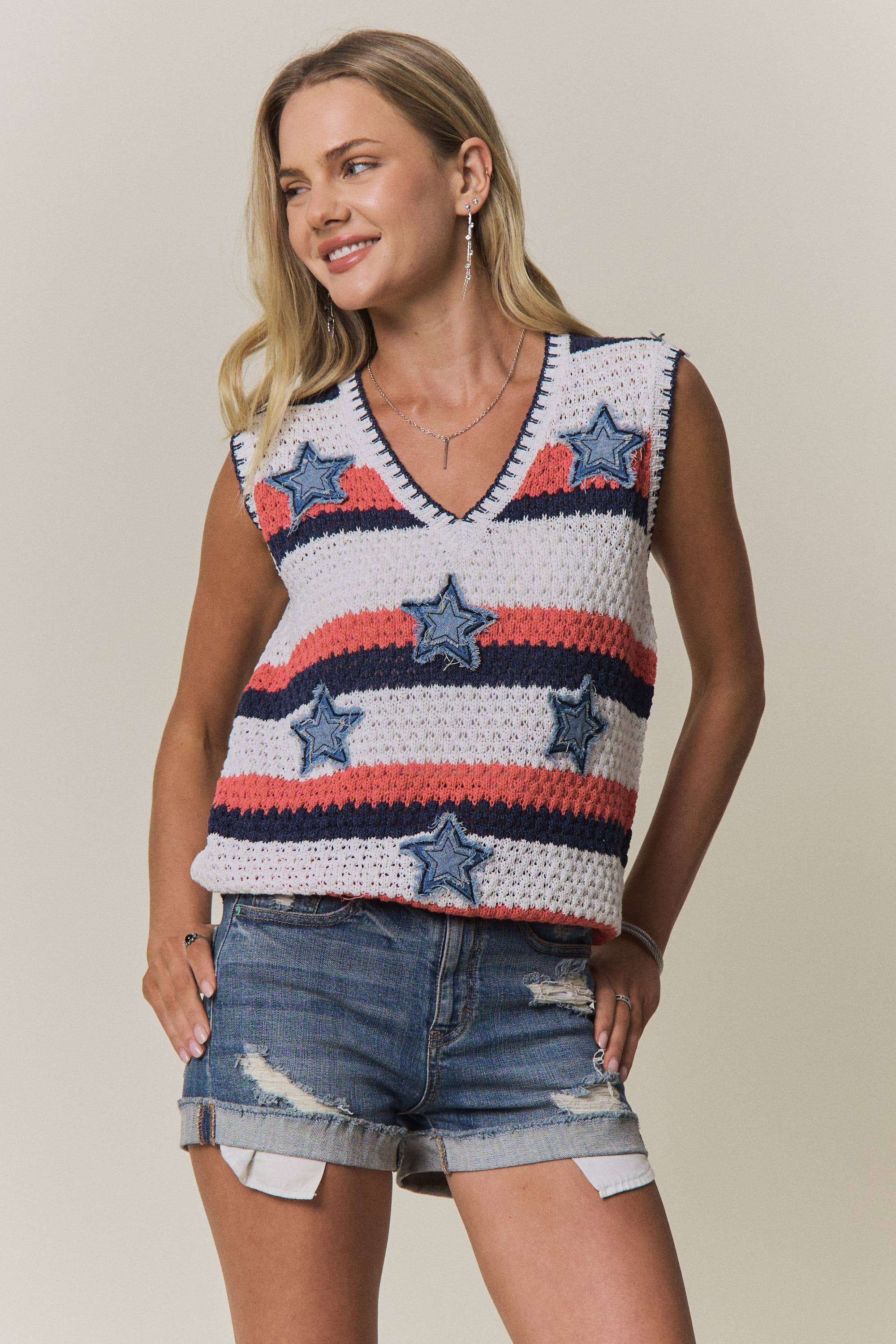 Striped Star Knit Sleeveless Sweater