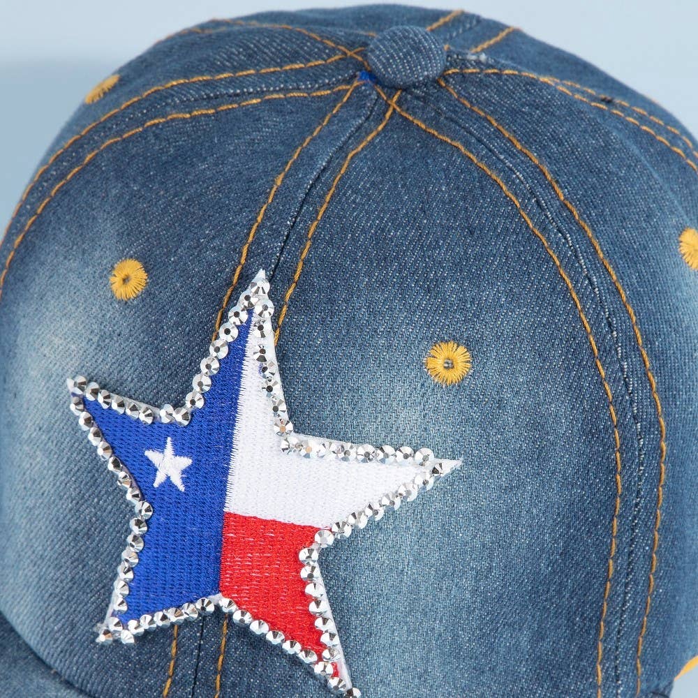 Texas Star Rhinestone Patch Baseball Cap With Crystal Brim
