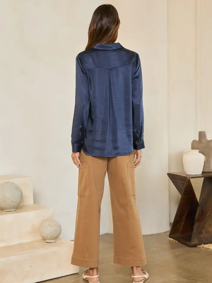 Navy Satin V-Neck Collared Blouse
