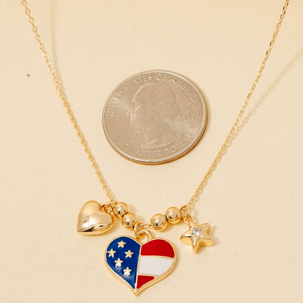 Cz Stud Star And Enamel Usa Heart Charms Chain Necklace